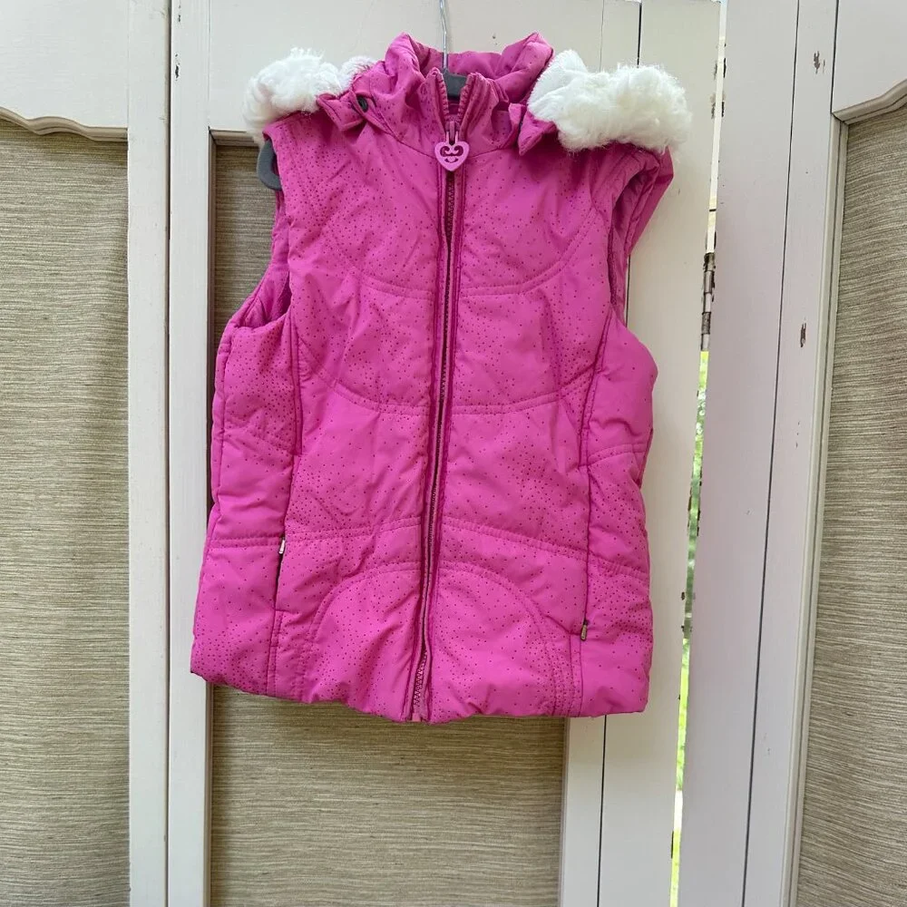The Children's Place Pink Hooded Puffer Vest with Faux Fur Trim